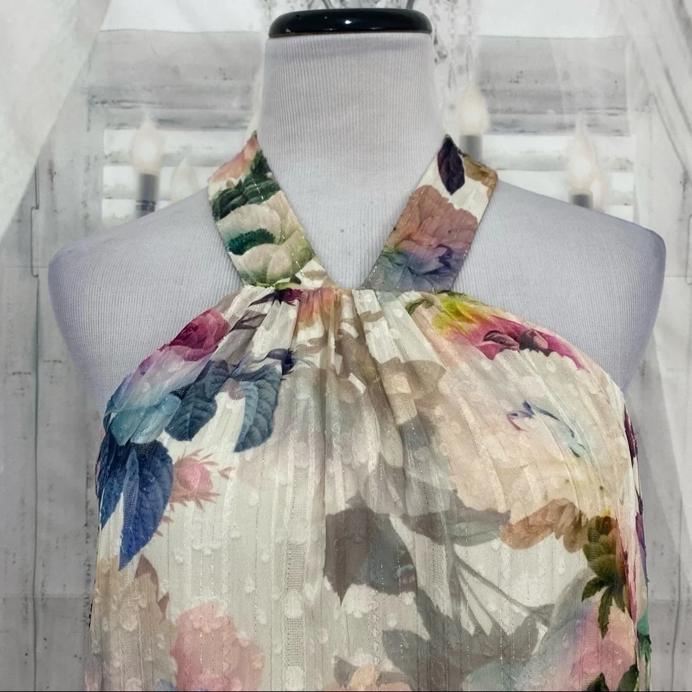 Alex Marie Ivory Pink Floral Long Maxi Sleeveless V Neck Halter Dress Easter NEW - Picture 9 of 11